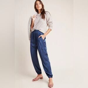 NWT Anthropologie Tina Jo Baker Satin Cargo Joggers | Slate Blue | Small